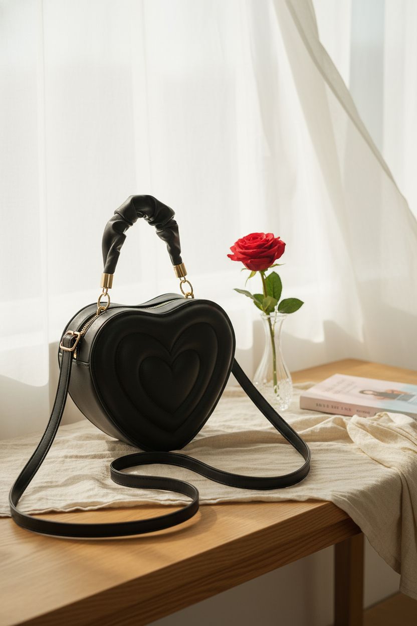 Black heart handbag by gofidin on a sunlit bedroom bench, surrounded by a rose and a romance novel, exuding a cozy vibe.