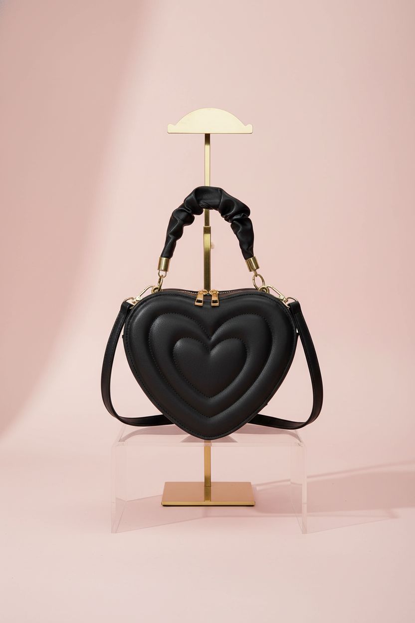Stunning black heart-shaped leather handbag by gofidin showcased on a clear acrylic riser, highlighting its craftsmanship.