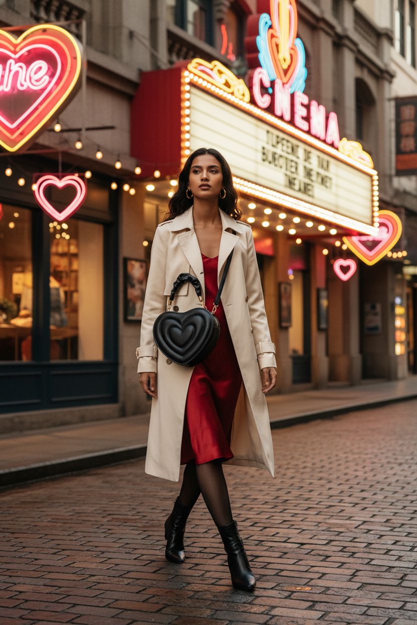 Gorgeous cherry-red heart-shaped crossbody bag by gofidin, perfect for evening outings with a tailored trench coat.