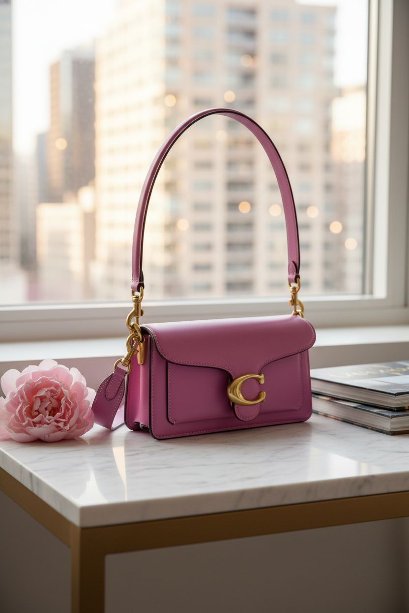 Fuchsia Coach Tabby Shoulder Bag 20 on a marble console, paired with a peony and an art book, exuding elegance.