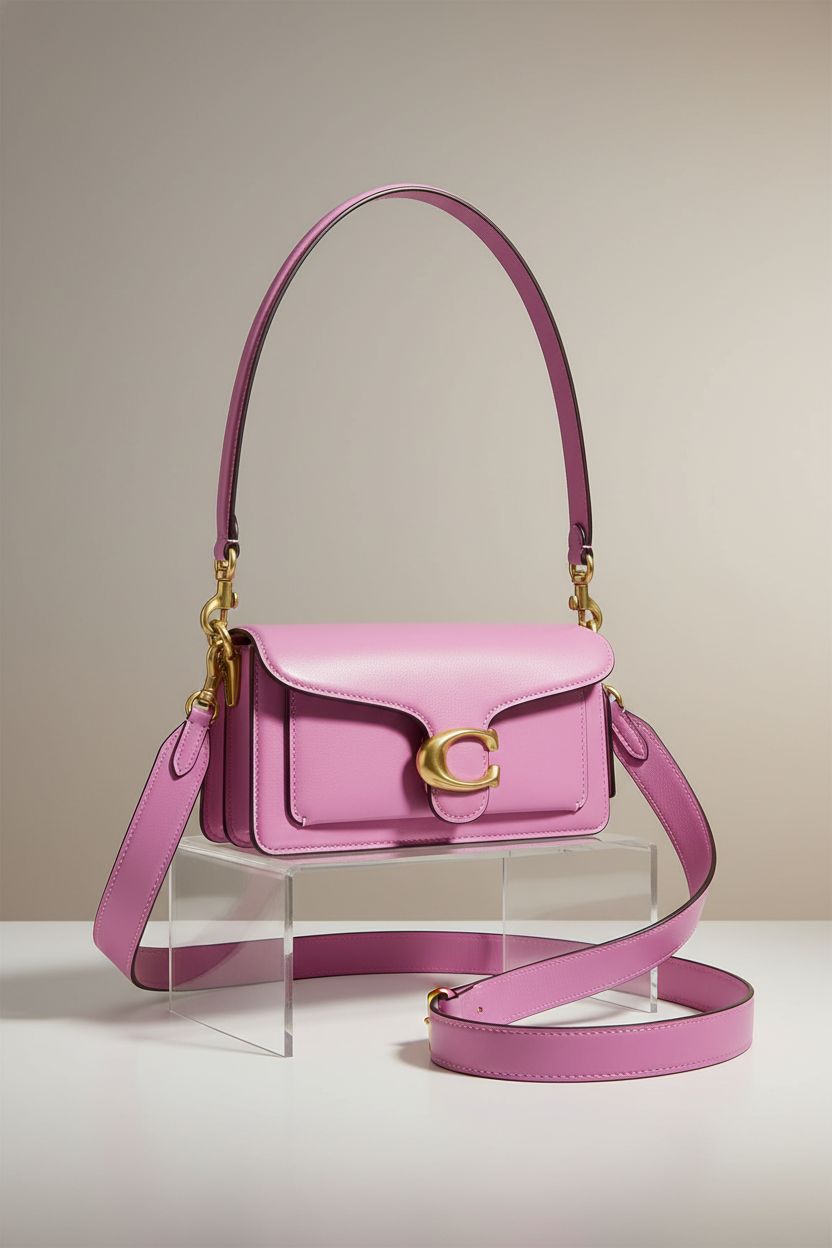 Coach Tabby Shoulder Bag 20 displayed on acrylic risers, highlighting its versatile design and luxurious calf leather.