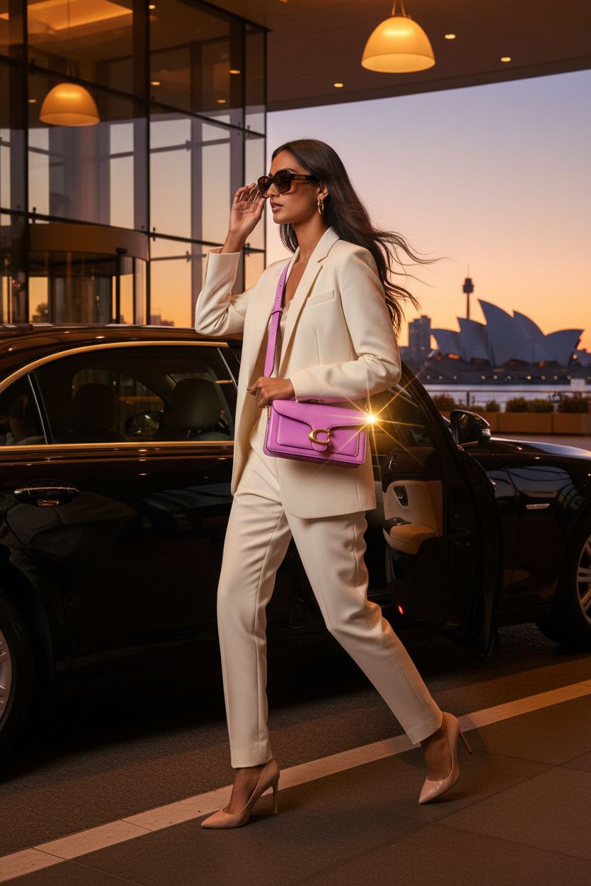 Fuchsia Coach Tabby Shoulder Bag 20 shines in golden hour light as it complements a stylish outfit near a luxury hotel.