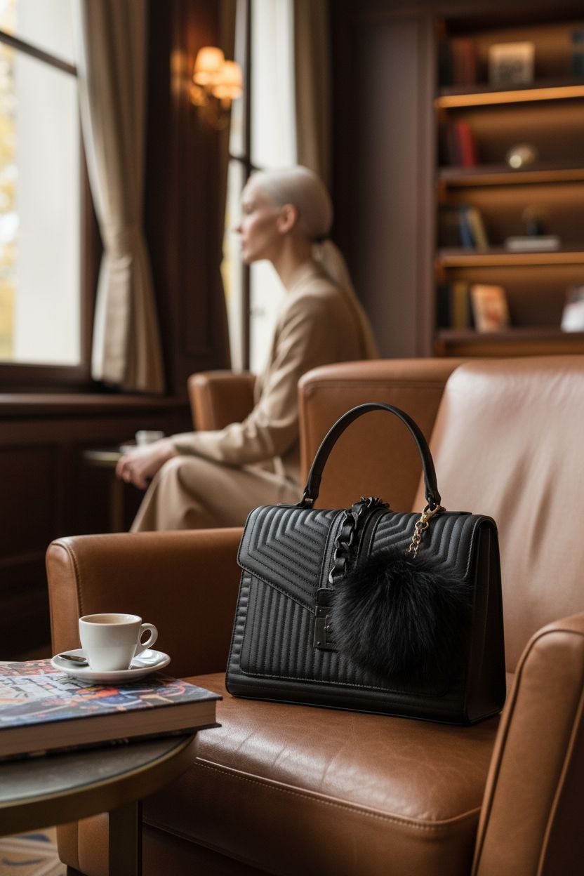 ALDO Women's Jerilini Top Handle Bag beside an espresso and art book in a cozy lounge, emphasizing its luxury feel.