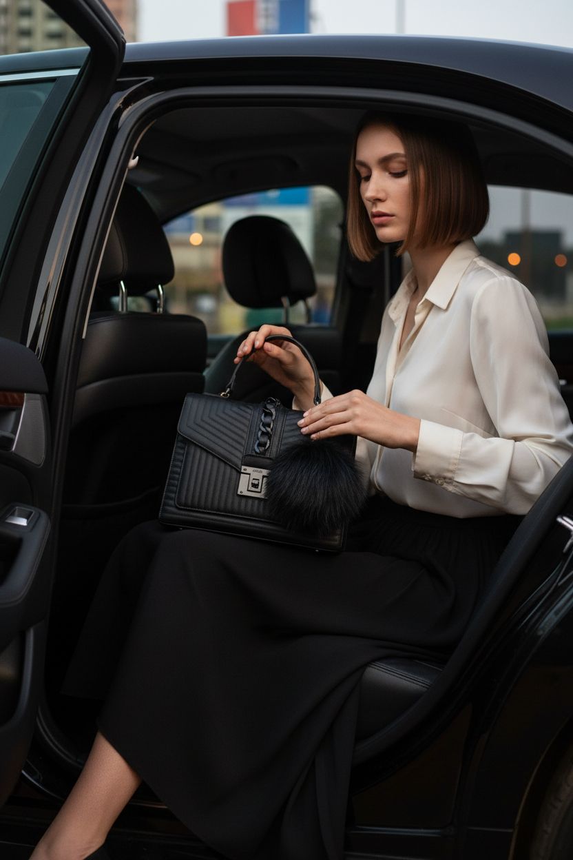ALDO Women's Jerilini Top Handle Bag in black on lap in a stylish sedan, showcasing quilted texture and chain.