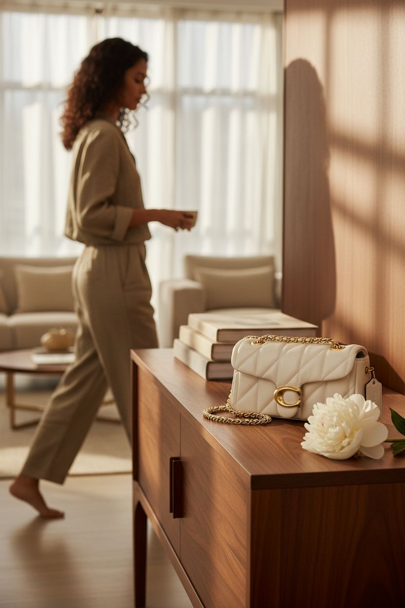 Coach Quilted Tabby Shoulder Bag 20 resting elegantly on a sideboard in a sunlit living room.