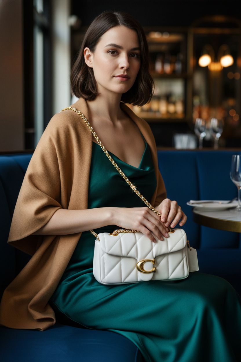 Coach Quilted Tabby Shoulder Bag 20 in chalk, elegantly posed on lap at a stylish bar.