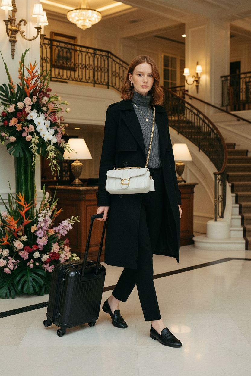 Chalk leather Coach Quilted Tabby Shoulder Bag 20 worn crossbody in a luxury hotel lobby.