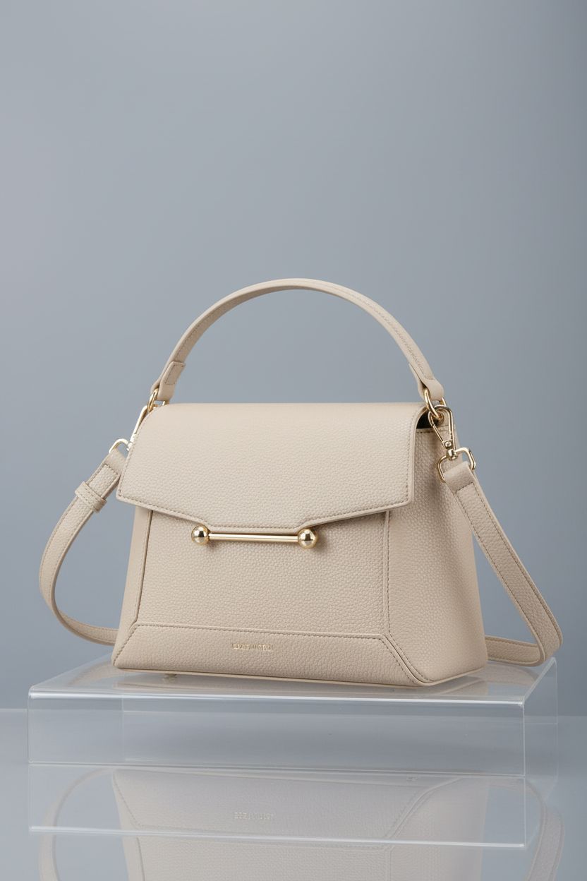 BOSTANTEN vegan leather handbag on dove-gray backdrop, highlighting craftsmanship and gold hardware