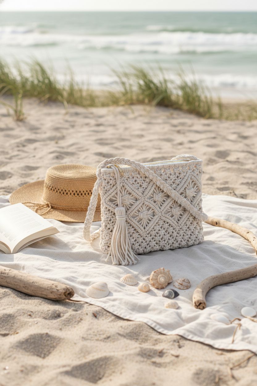 Vavili macrame purse on linen blanket with seashells, evoking a breezy beach afternoon.