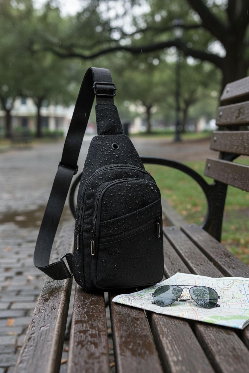 EVANCARY sling bag resting on a bench in a park after rain, showcasing its durable design and style.
