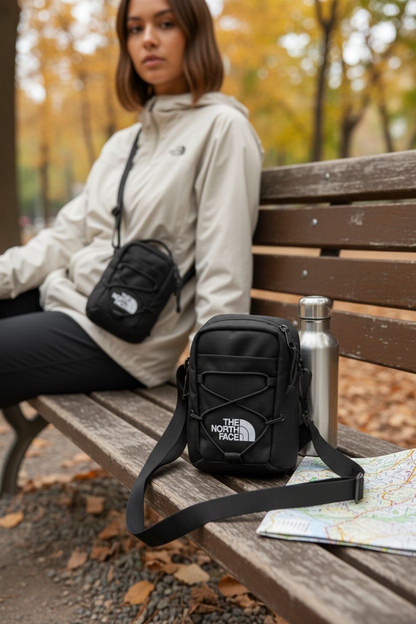 The North Face Jester Crossbody Bag resting on a park bench, with trail map and water bottle, perfect for outdoor adventures.