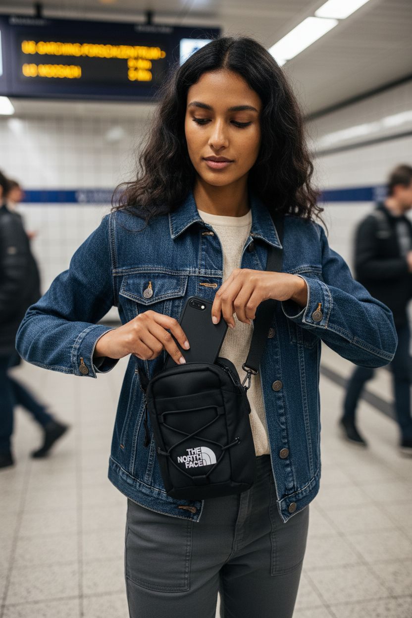 The North Face Jester Crossbody Bag on subway platform, showcasing adjustable strap and sleek design.