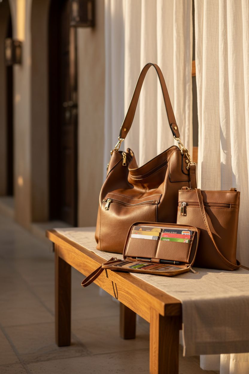 Idesort matching purse and wallet set elegantly arranged on an oak bench in soft light.