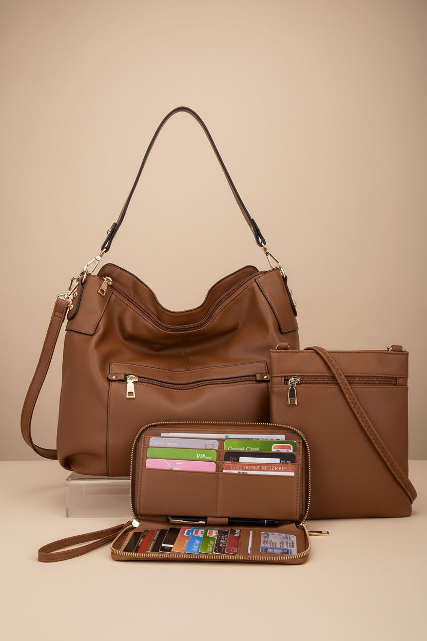 Idesort brown hobo purse, crossbody bag, and wallet set showcased against a minimal backdrop.