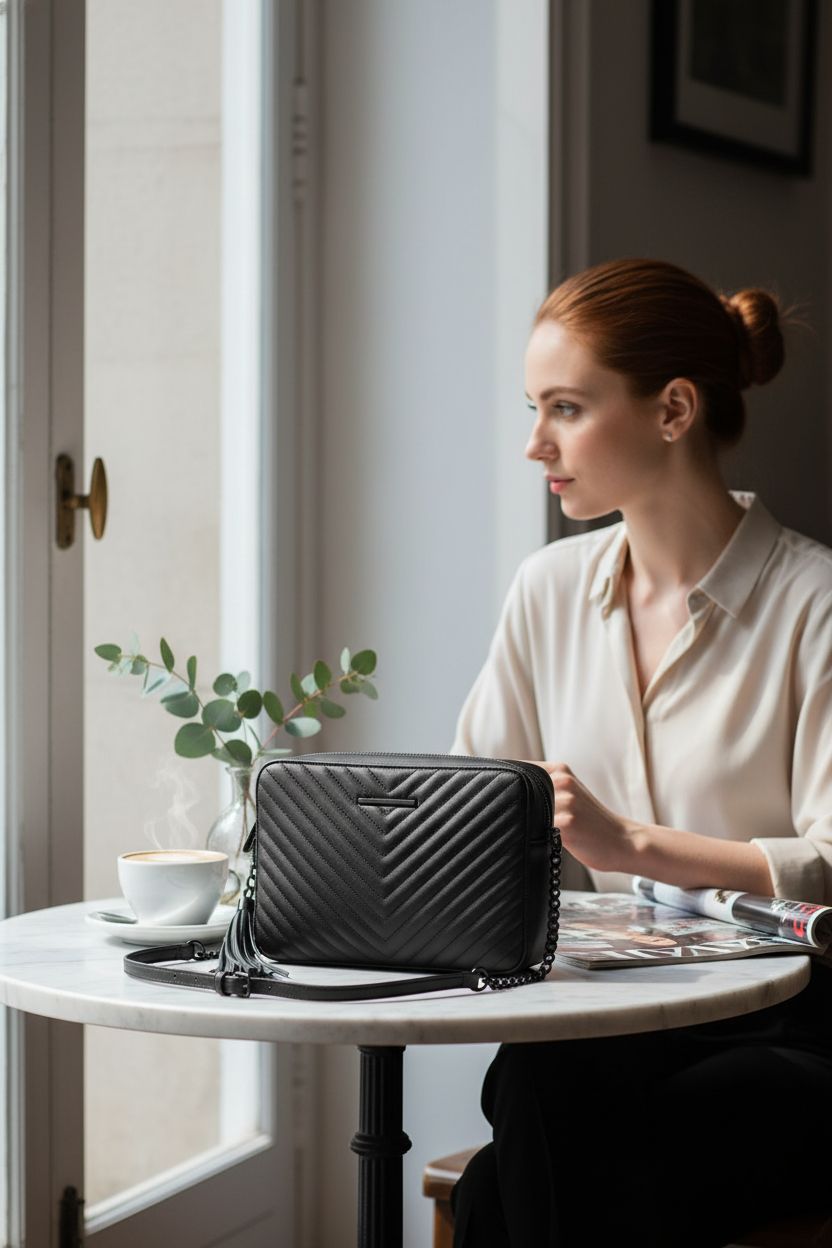 ALDO matte black crossbody bag resting by a window with a cappuccino and magazine