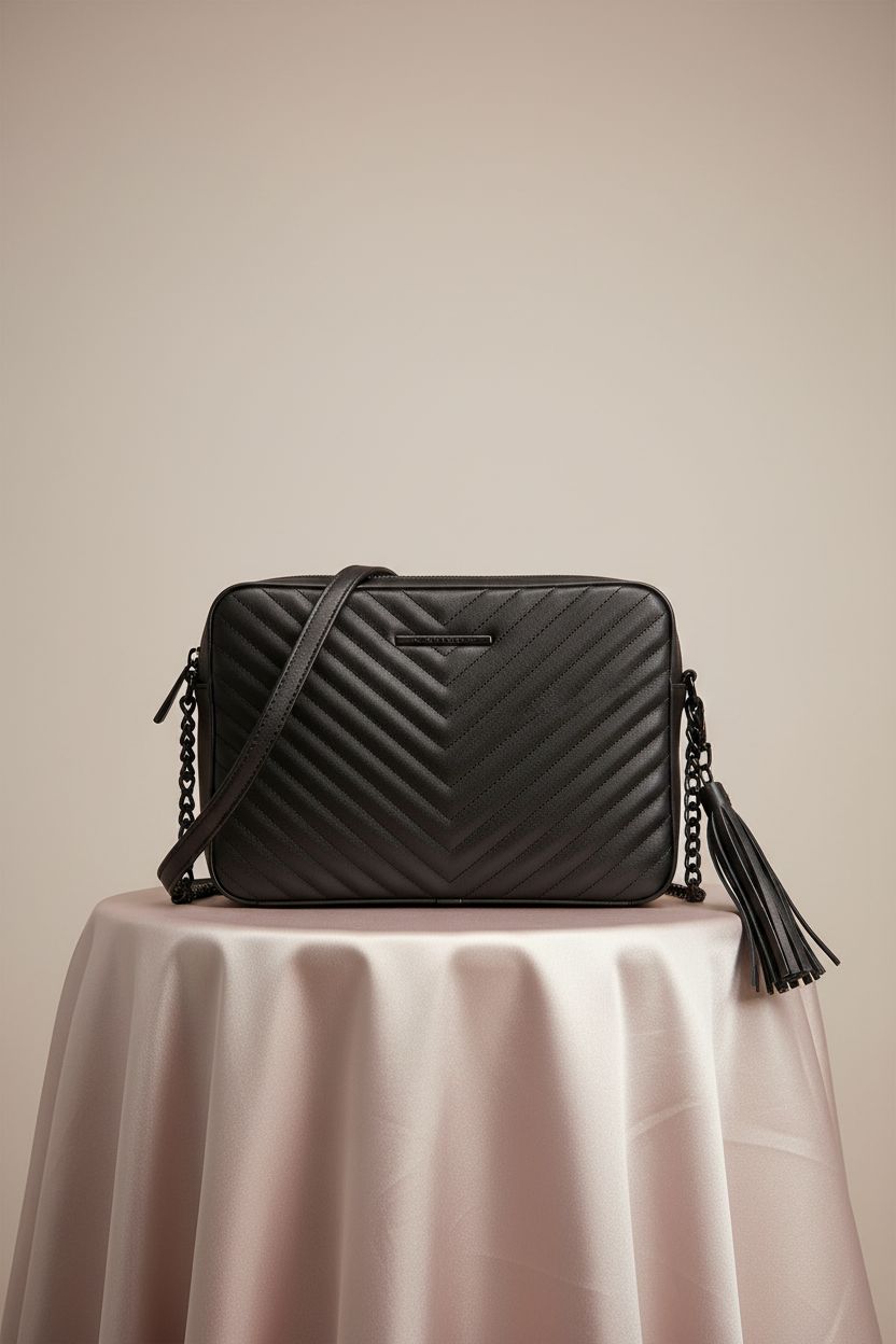 ALDO matte black crossbody bag displayed elegantly on a pedestal highlighting its design