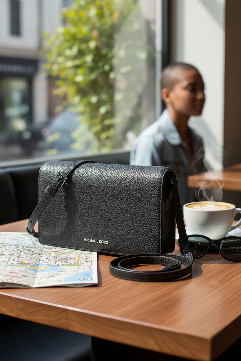 Michael Kors crossbody bag on a café table, showcasing its elegant pebbled leather design.