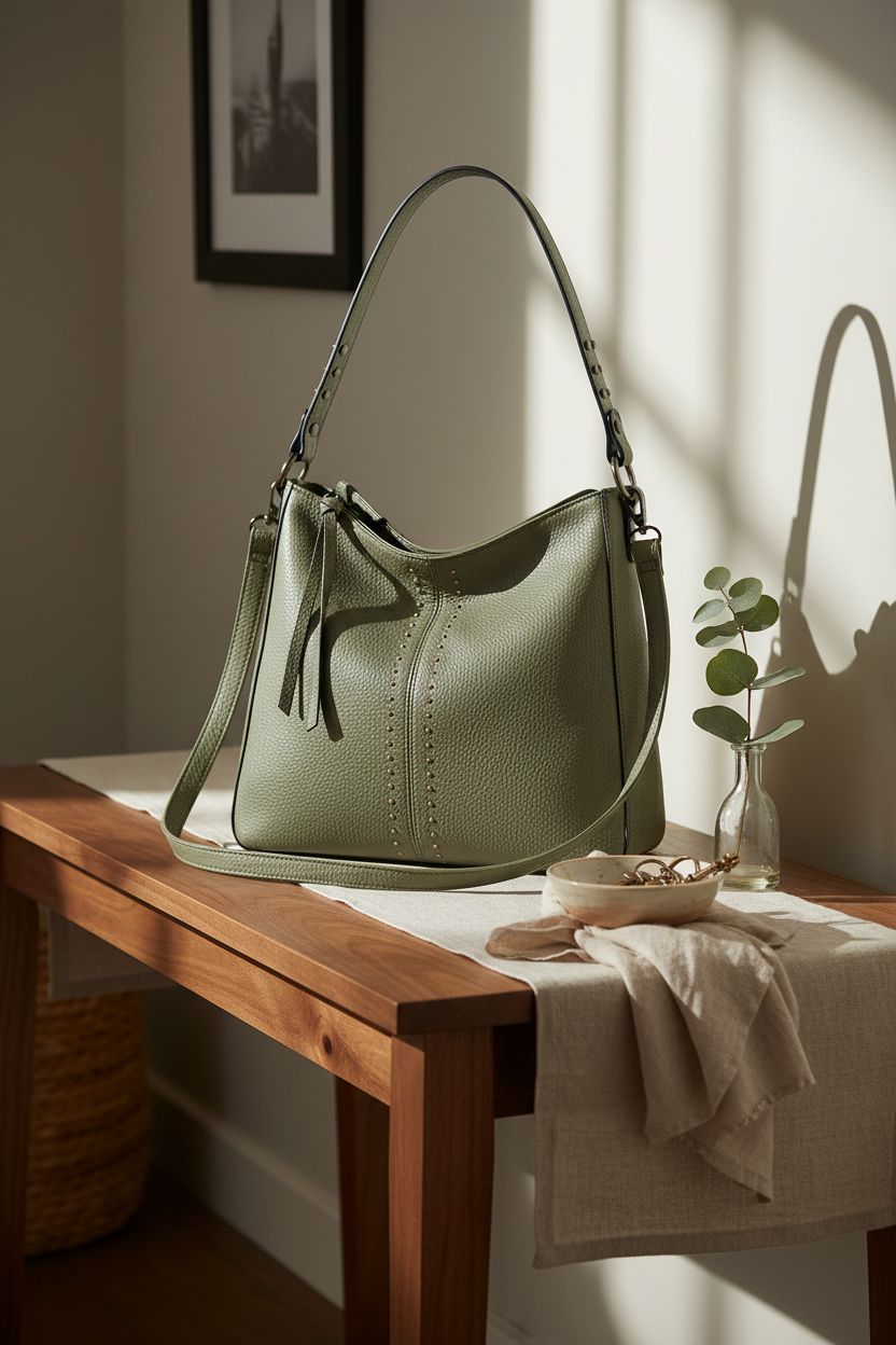 Montana West hobo bag resting on a console, showcasing its elegant design and texture.