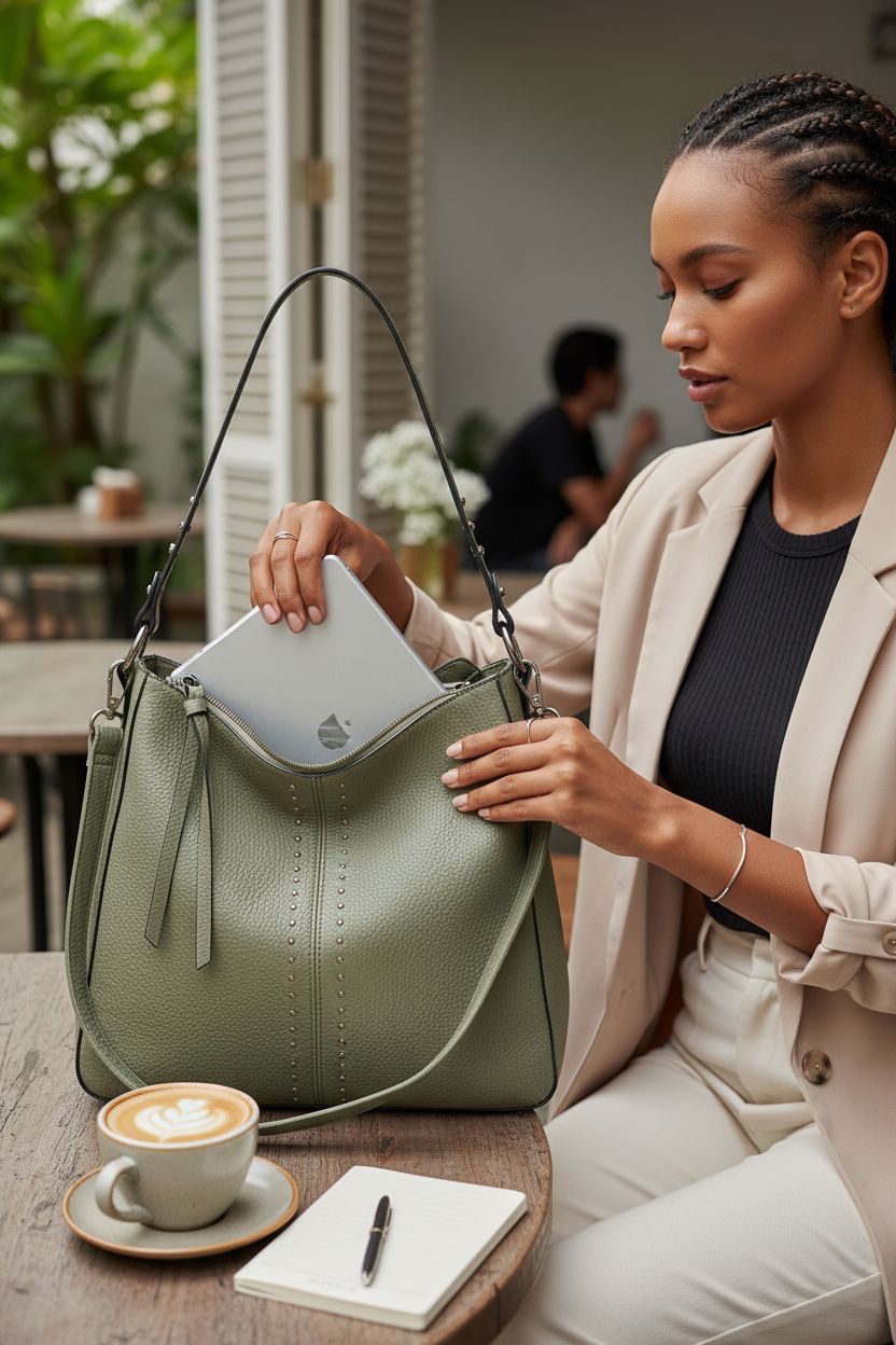 Montana West sage hobo bag with wide opening and pockets, perfect for daily use.