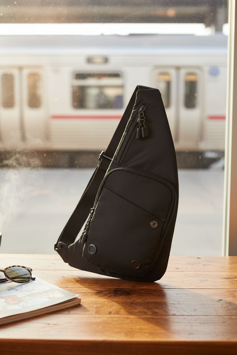 Peicees Small Sling Bag rests on a café table, showcasing its water-resistant design and sleek style.