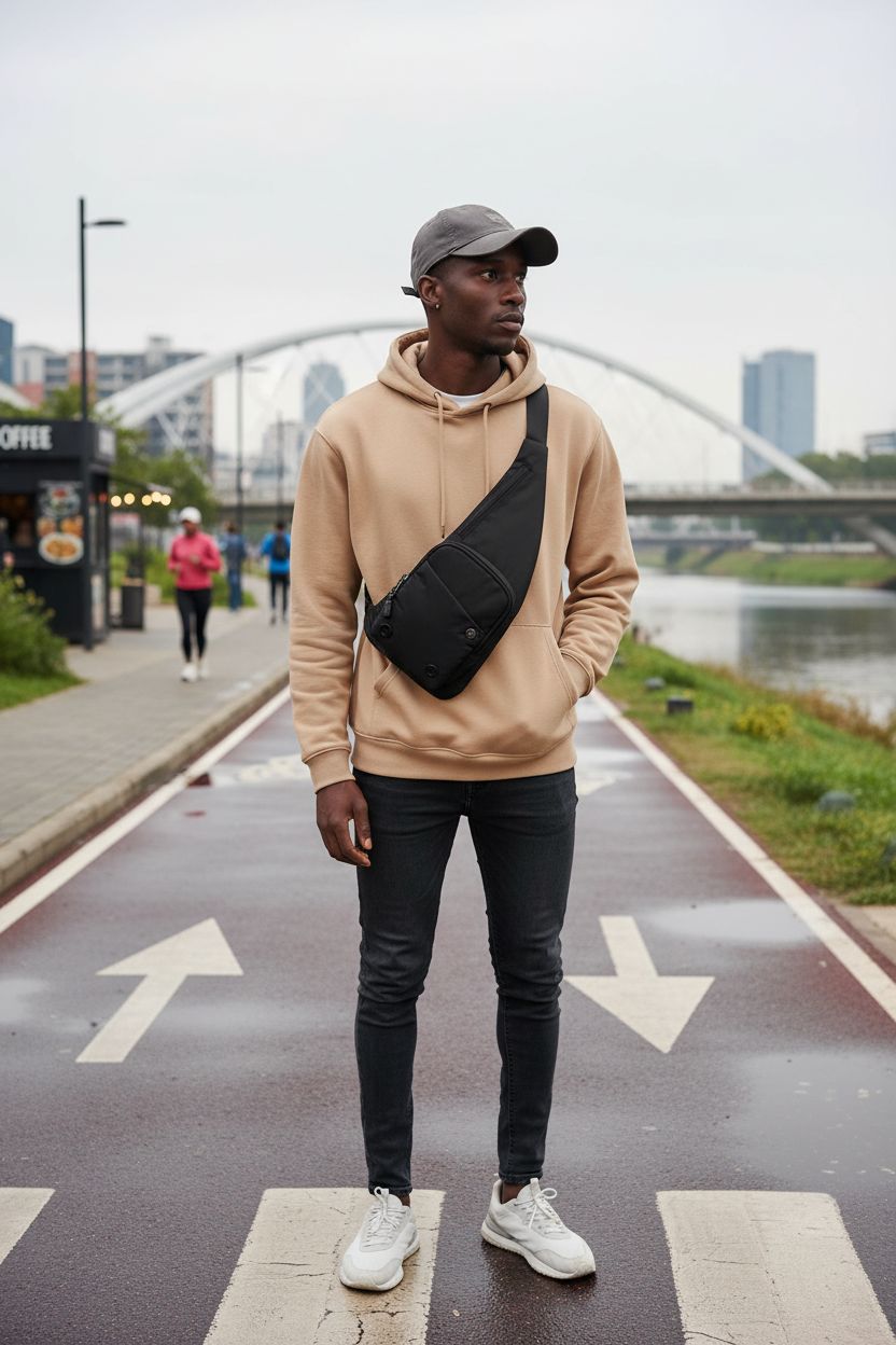 Peicees Small Sling Bag for men worn crossbody during urban commuting, stylish and practical.