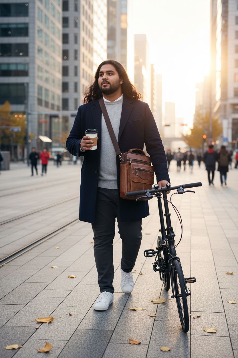 COSCOOA leather crossbody bag for men, worn during a morning commute, showcasing style and functionality.