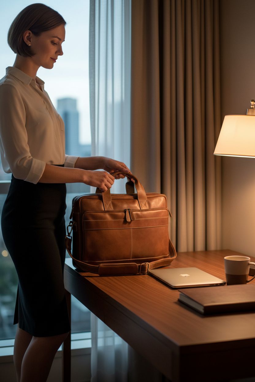 KomalC tan leather briefcase on a walnut desk beside a laptop and notebook, in a cozy hotel workspace.
