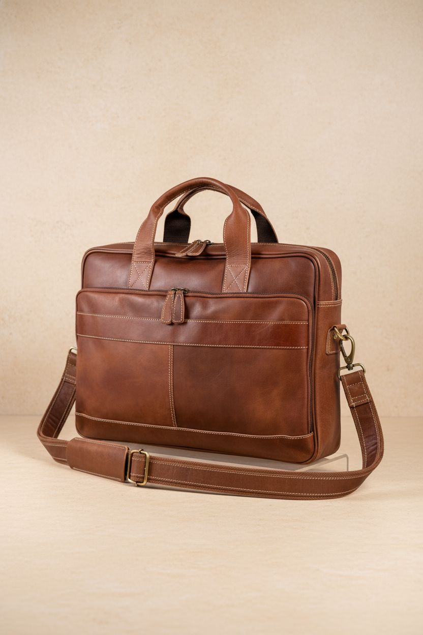 KomalC tan leather briefcase showcased on a light-stone backdrop, highlighting its premium craftsmanship and texture.
