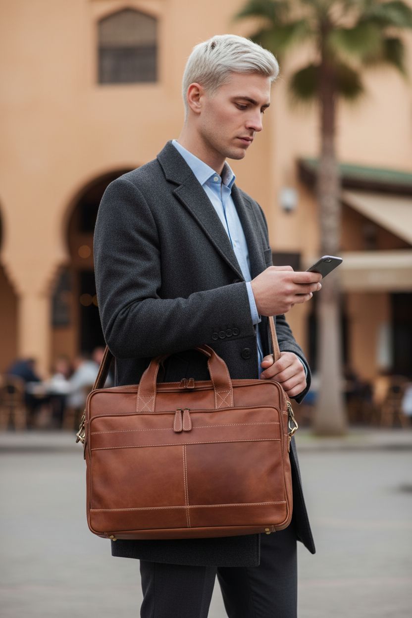 KomalC tan leather briefcase resting against a hip, styled with a charcoal overcoat and light blue shirt.