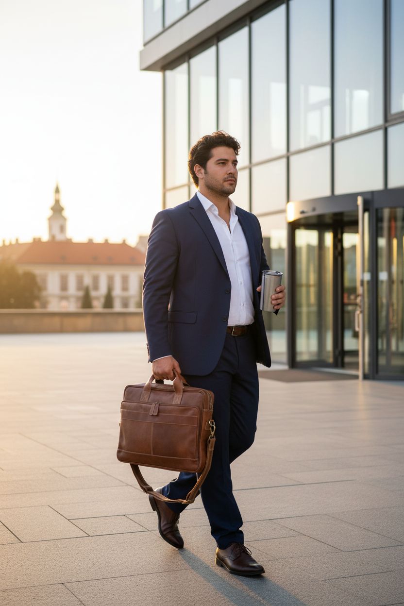 KomalC tan leather briefcase held high while walking out of a glass office tower, paired with a tailored navy suit.
