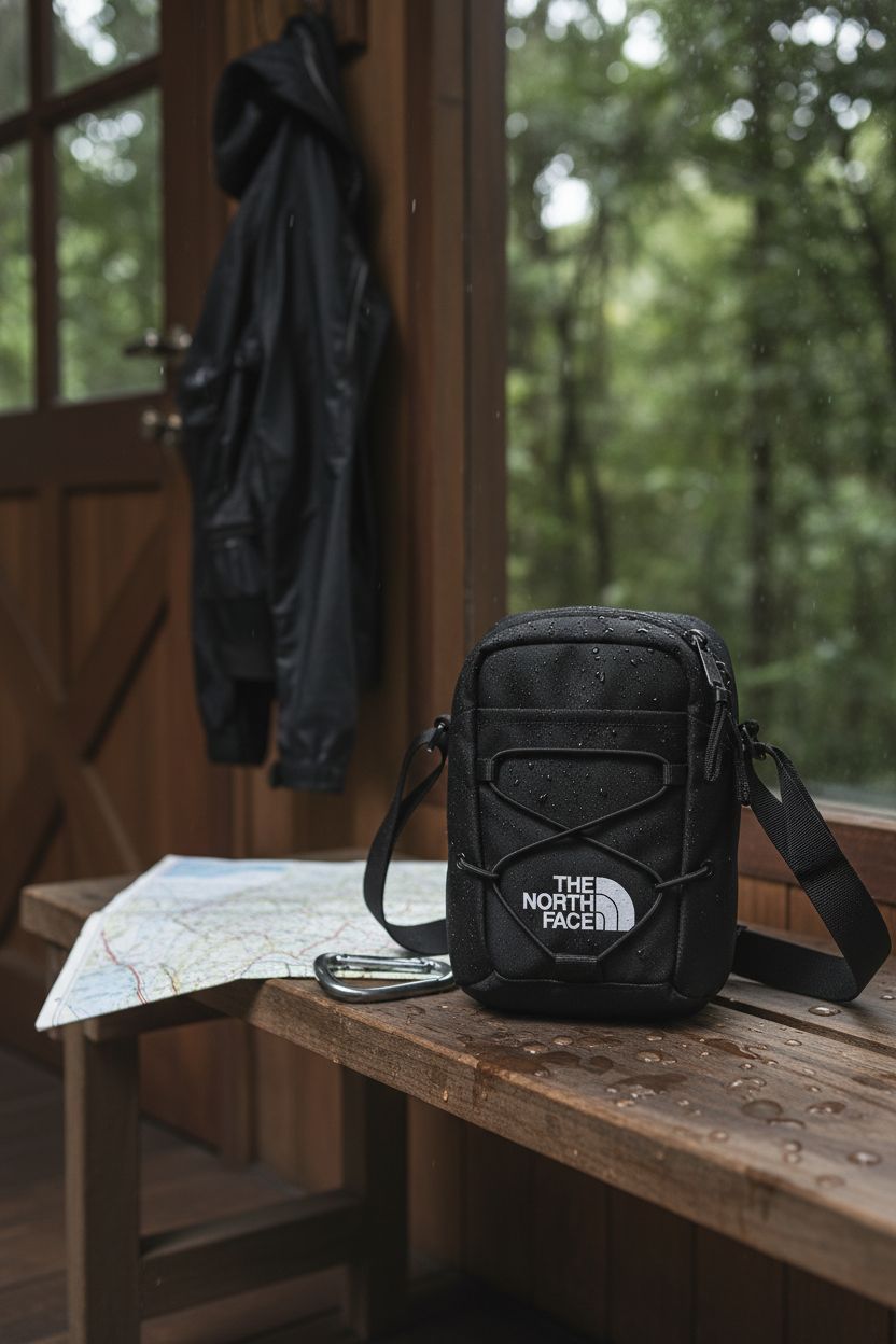 The North Face Jester Crossbody Bag resting on a rustic bench in a cozy cabin, showcasing its water-repellent fabric