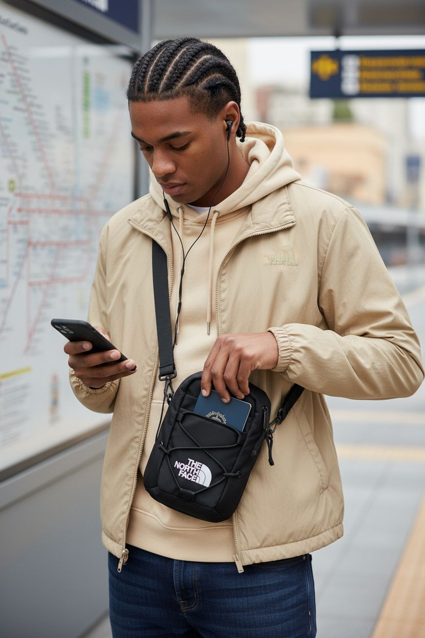 The North Face Jester Crossbody Bag in TNF Black on transit platform, stylishly capturing its sleek design