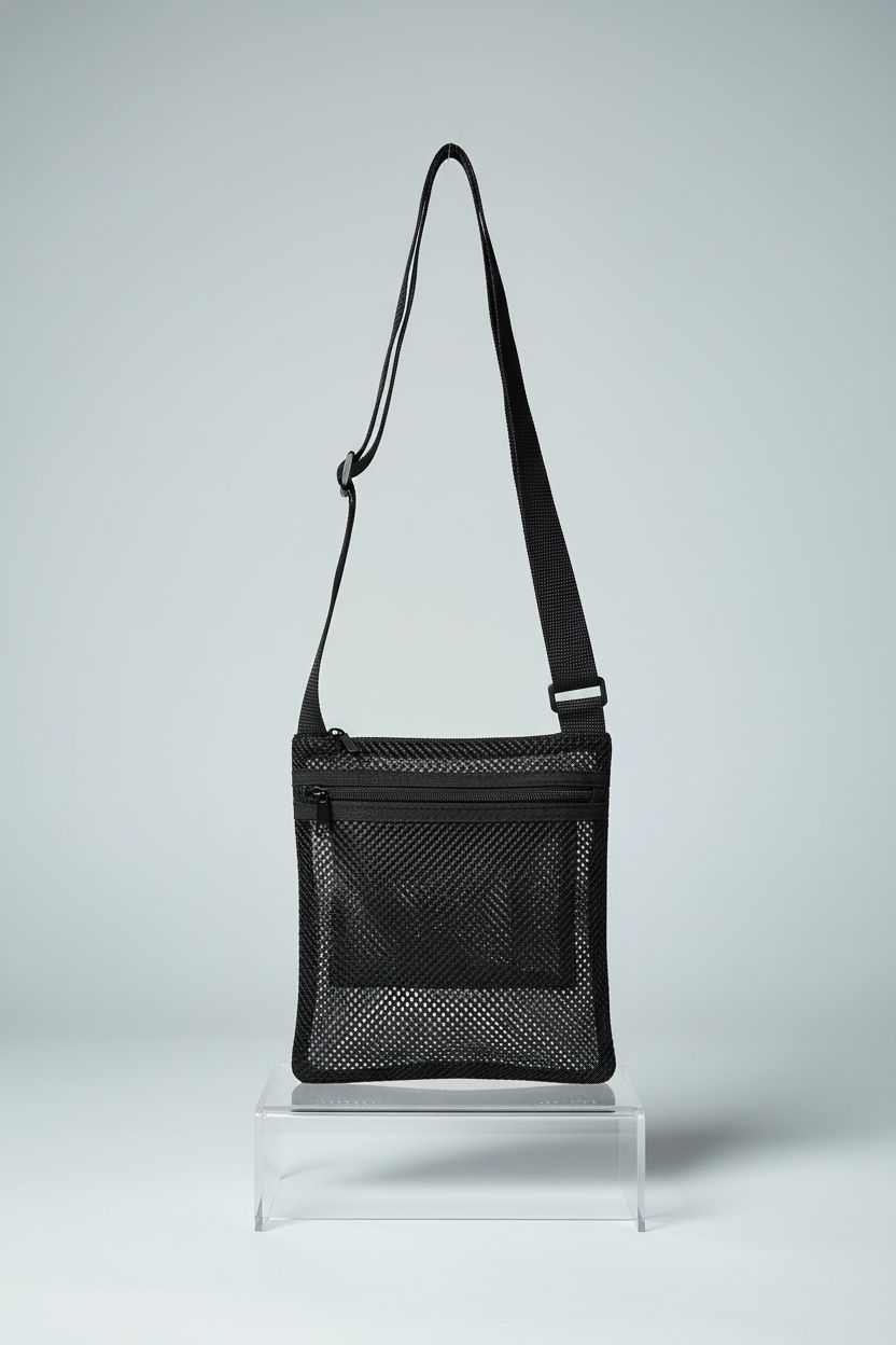 Detailed view of USPECLARE mesh crossbody bag highlighting its weave and zipper