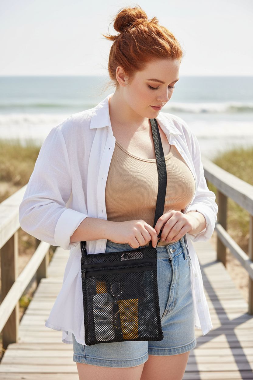 USPECLARE mesh handbag on beach boardwalk, showcasing sunscreen and phone inside