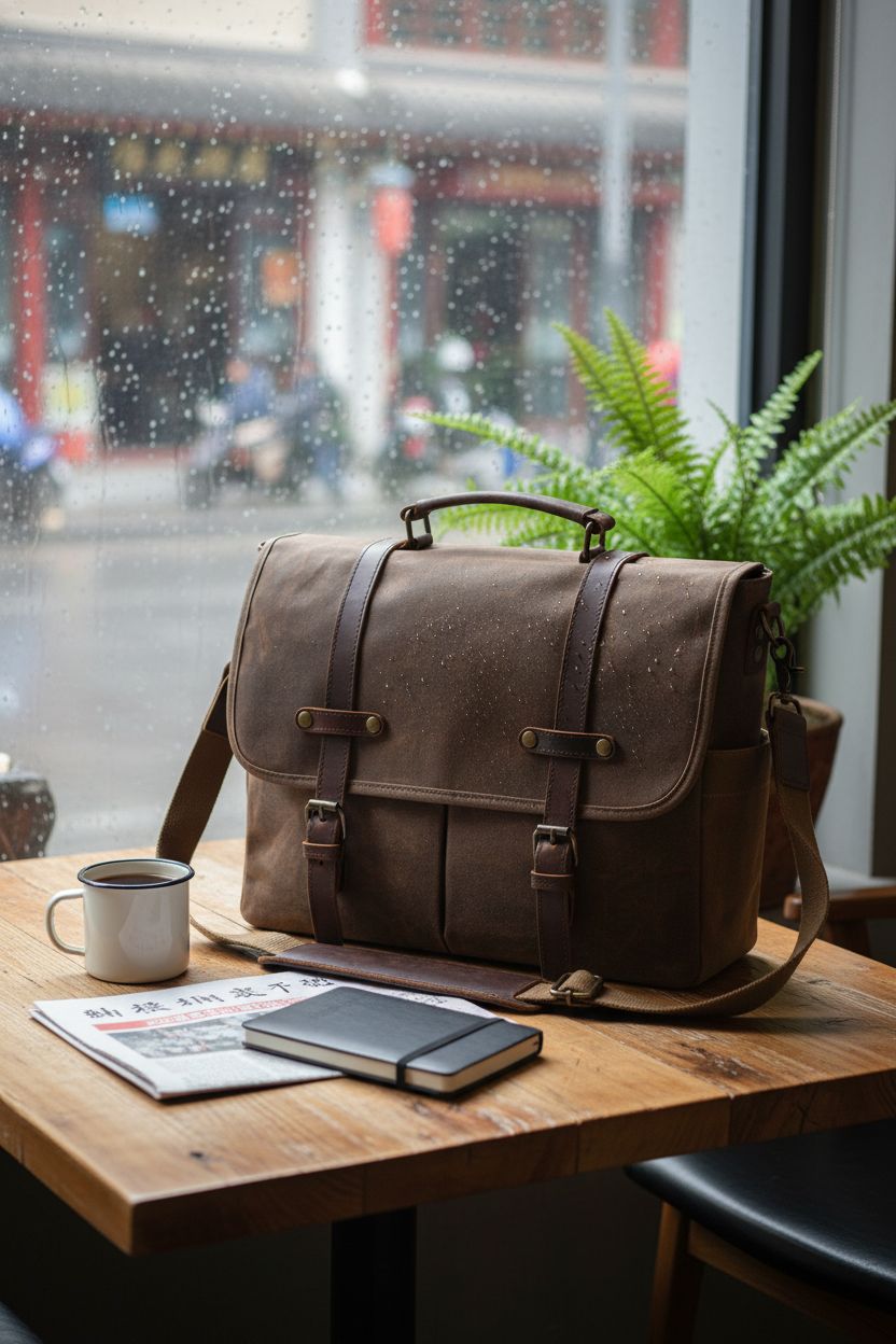 Mens messenger bag by NEWHEY resting on textured wood table in cozy café, surrounded by a notebook and mug