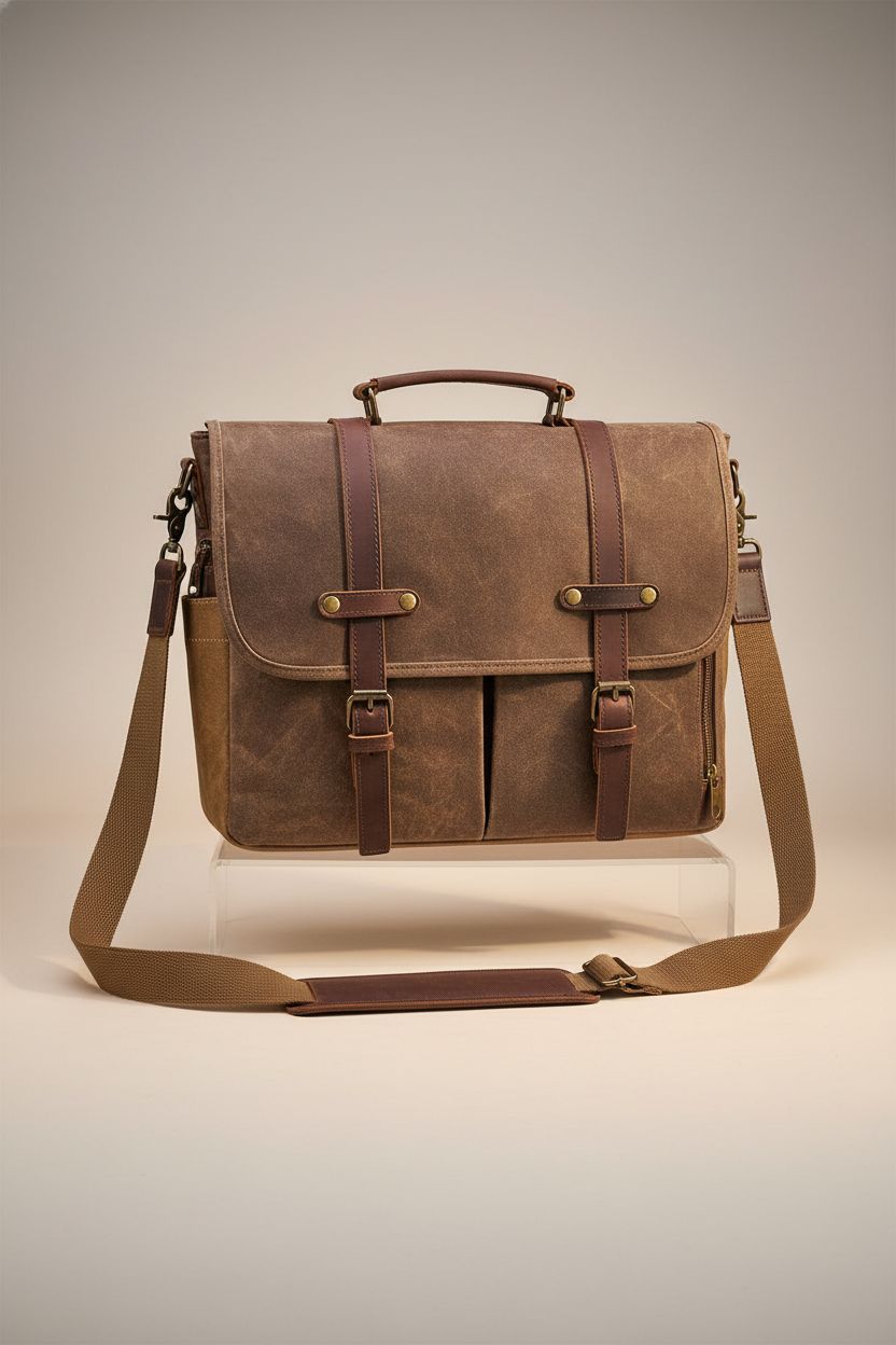 NEWHEY mens messenger bag displayed on riser, highlighting its craftsmanship and vintage style in studio lighting