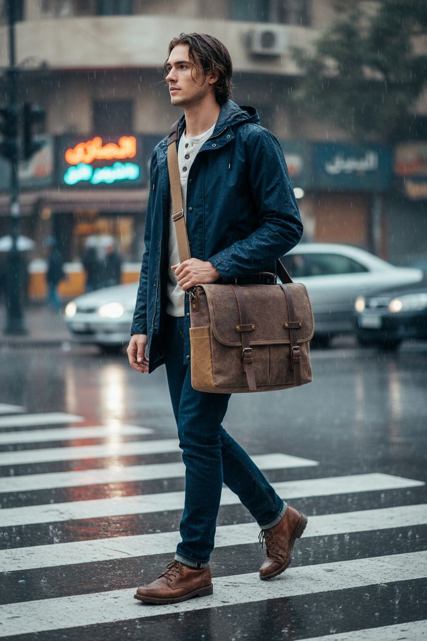 Mens messenger bag by NEWHEY in vintage leather and canvas, stylishly worn cross-body in rainy city setting