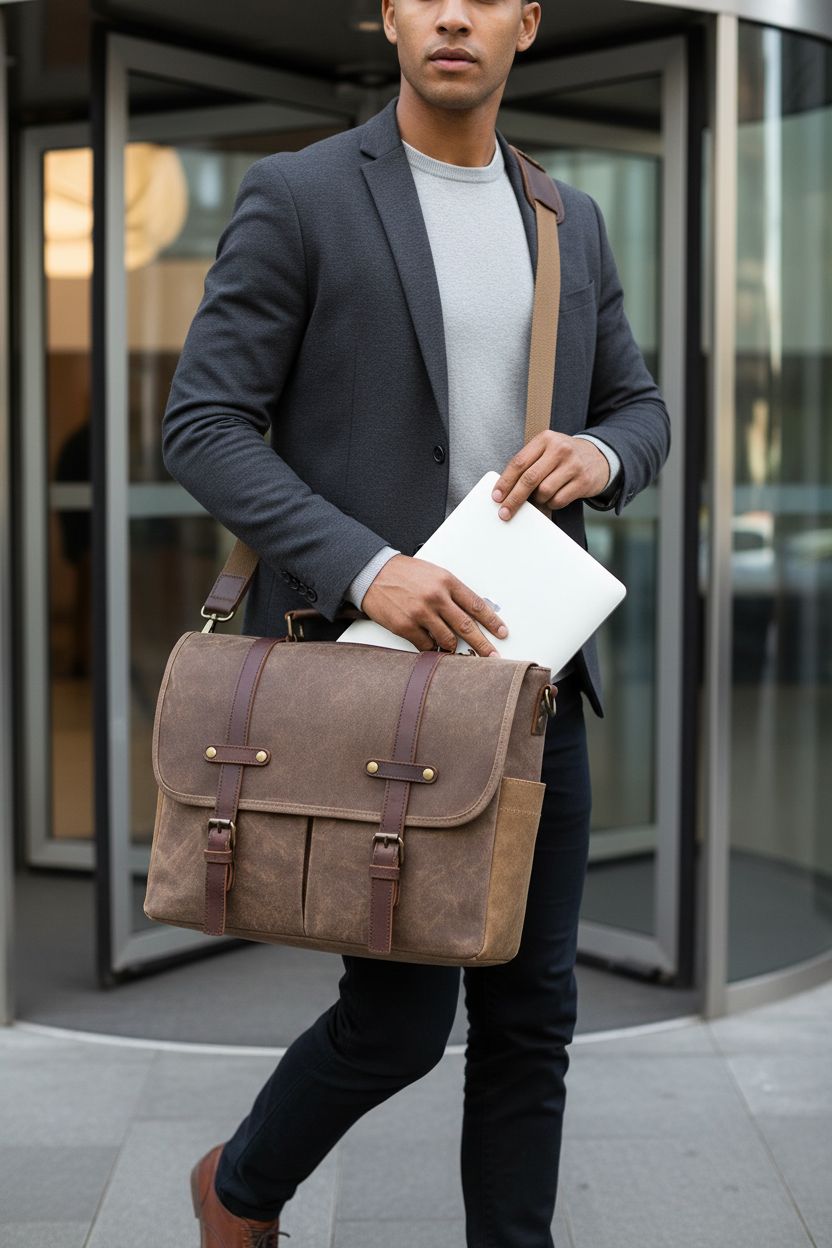 NEWHEY mens messenger bag in genuine leather, showcasing padded laptop sleeve in professional office lobby