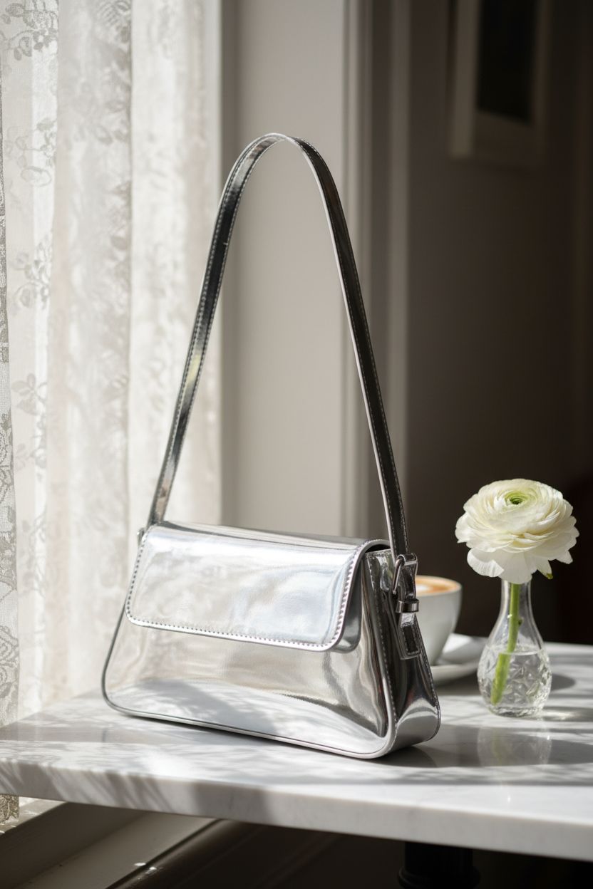 Motleader Silver Metallic Evening Bag resting in a cozy café setting, enhancing a relaxed brunch atmosphere