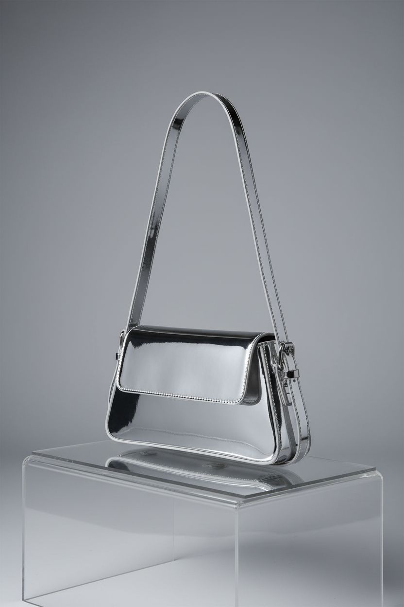 Motleader Silver Metallic Evening Bag on a studio setup, highlighting its sleek design and craftsmanship