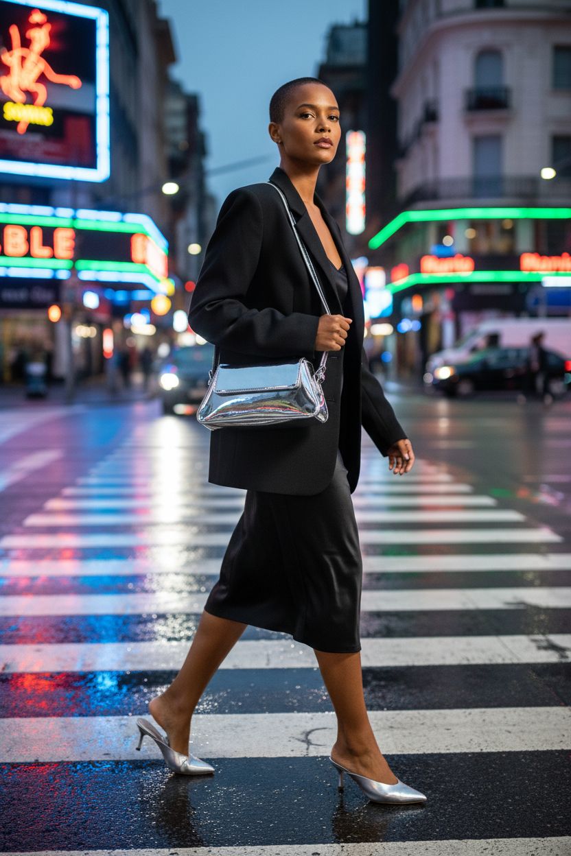 Motleader Silver Metallic Evening Bag showcased in a vibrant city setting, complementing a chic outfit