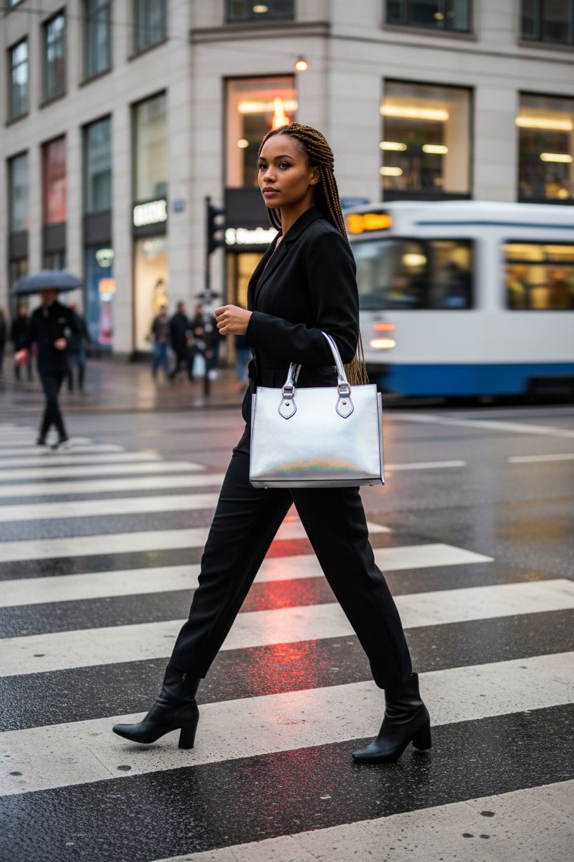 CHICAROUSAL metallic silver crossbody handbag in a fashion-forward setting with vibrant reflections