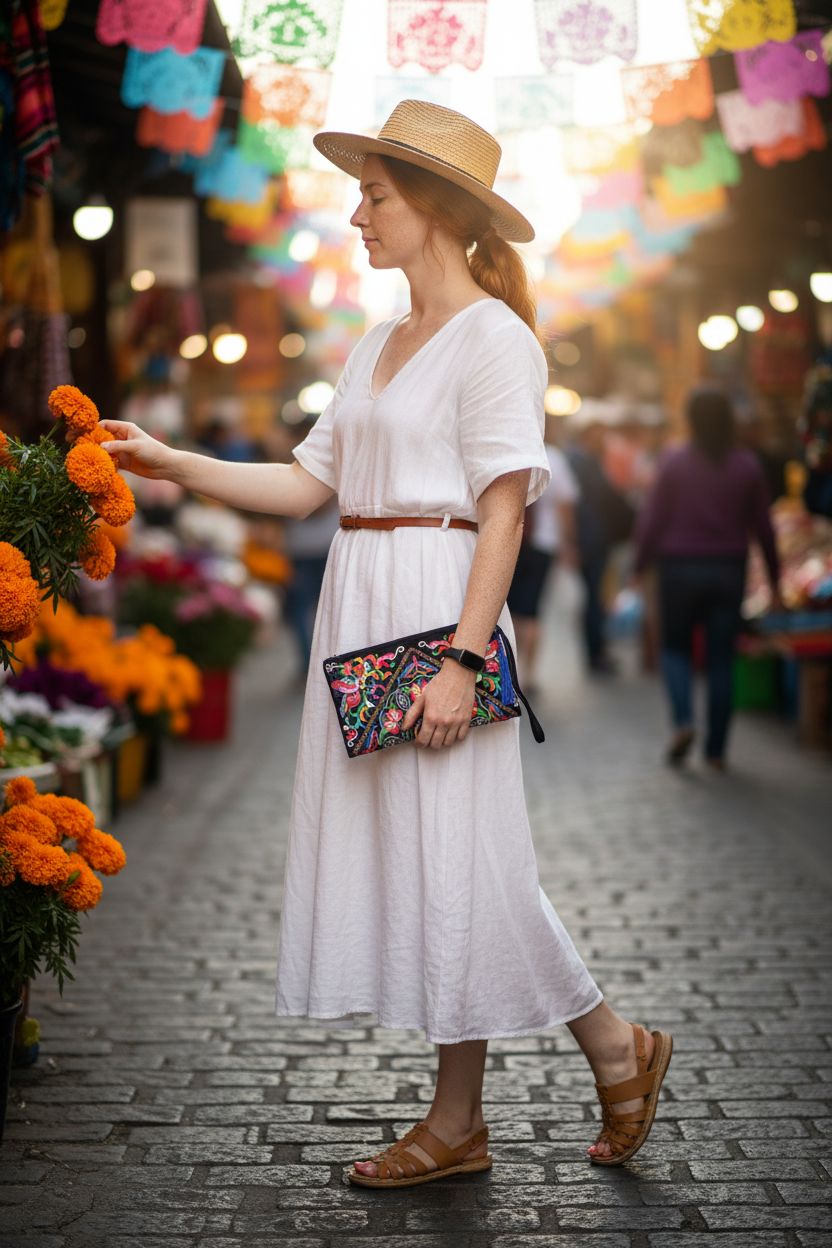 Wabilu Floral Embroidered Wristlet against white dress in a vibrant mercado setting