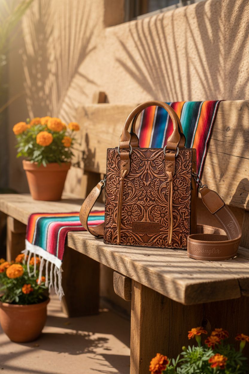 Wrangler embossed crossbody purse resting on a rustic bench in a sunlit hacienda courtyard with colorful decor.