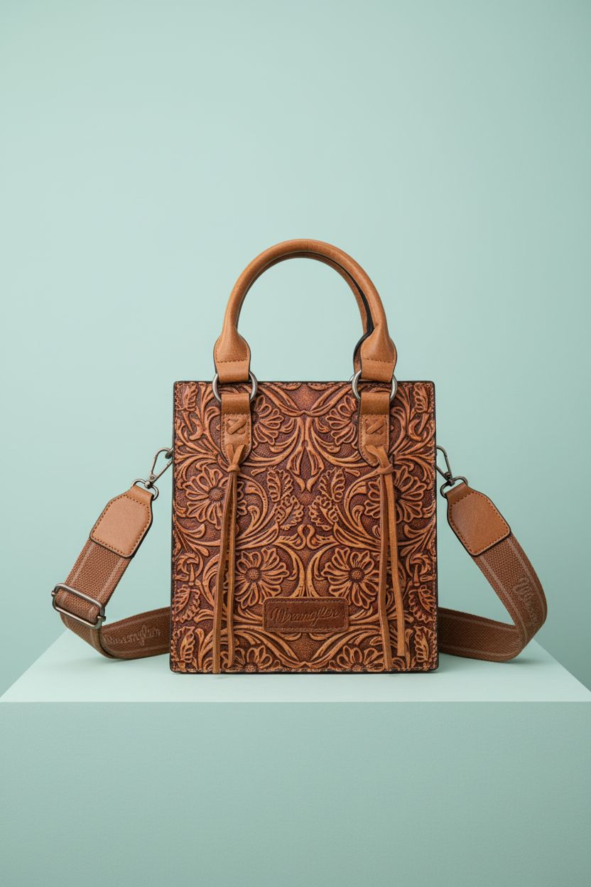 Centered Wrangler embossed crossbody purse showcasing floral panels against a pale turquoise backdrop in studio lighting.
