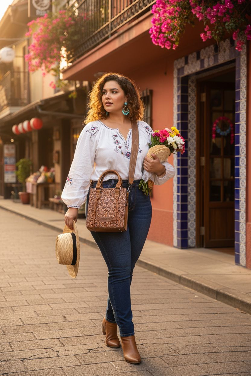 Caramel-brown Wrangler embossed crossbody purse in a vibrant street setting with flowers and terracotta walls.
