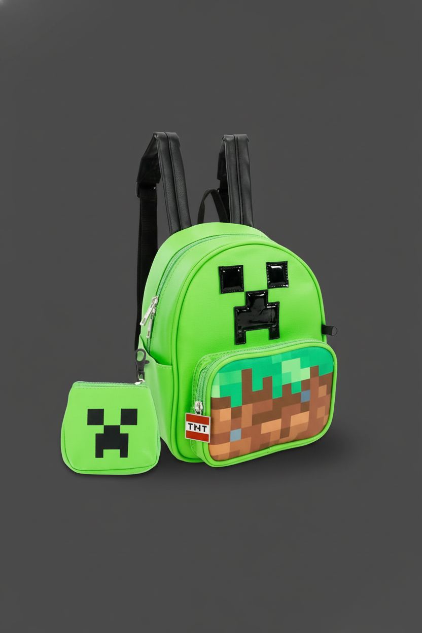 Neon green Minecraft mini backpack and coin purse in studio setting