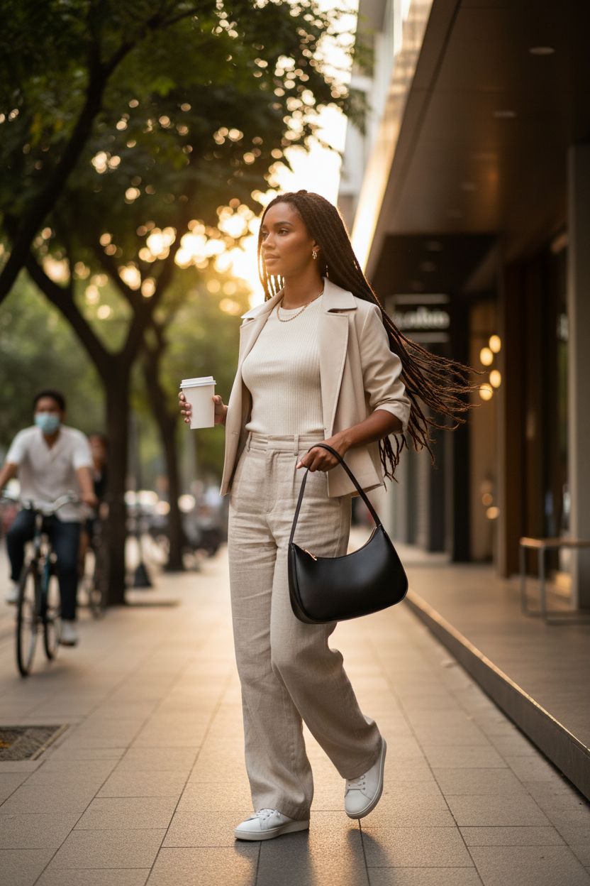 CYHTWSDJ mini hobo purse in black, showcased outside a café with a light outfit.