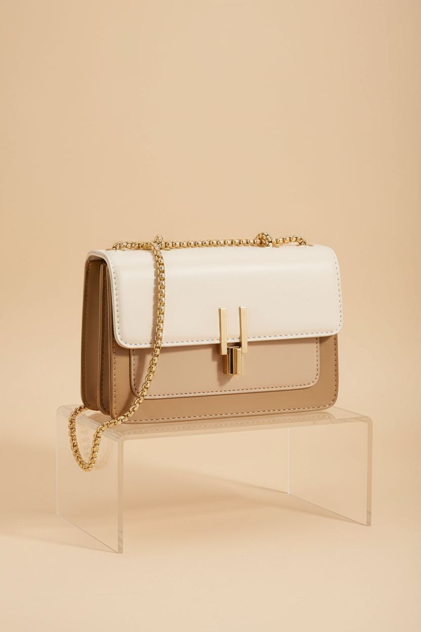 TOP BAND's color-block mini handbag displayed on an acrylic riser, highlighting its design and materials.