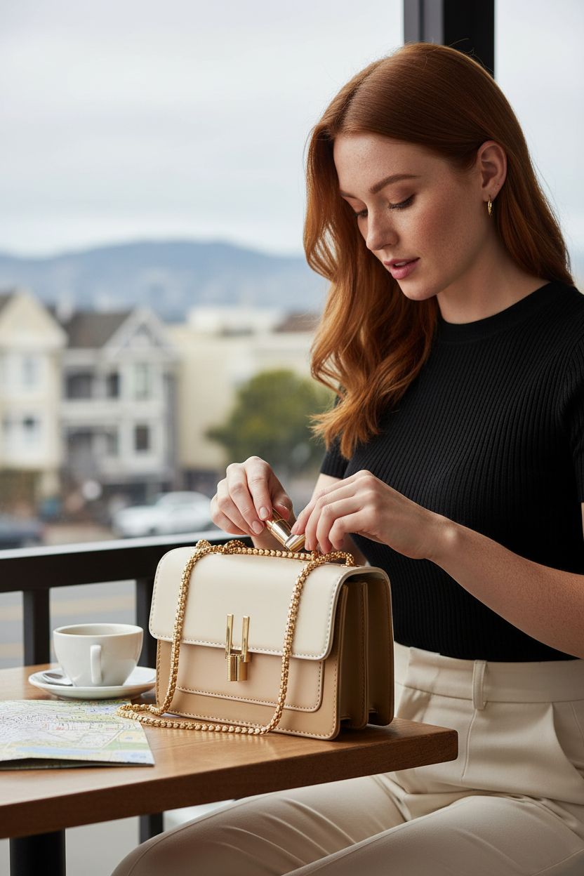 Beige and white crossbody bag by TOP BAND, featuring a gold chain and stylish design.